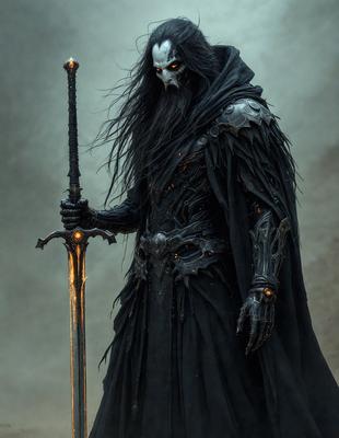 The primary subject of the image is a person dressed in a dark, medieval-style costume, holding a sword. The setting appears to be a dark, possibly foggy, environment. The visual style of the image is a combination of photo and digital art, creating a dramatic and mysterious atmosphere. The dominant colors are dark shades, such as black, gray, and brown, which contribute to the overall mood of the scene.